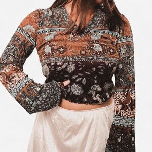 Vintage Mixed Media Boho Gypsy Steampunk Floral Cut & Sew Blouse – Medium 🌙🪶